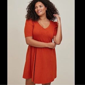 🆕 Mini Slub Puff Sleeve Skater Dress w pockets. Torrid. Cinnamon Stick. 2X.